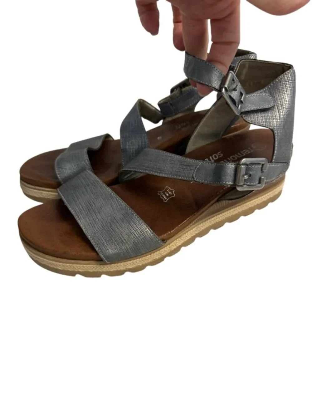 Remonte Icess 51 Denim Blue Leather Wedge Sandals Euro 41 Comfort Buckle